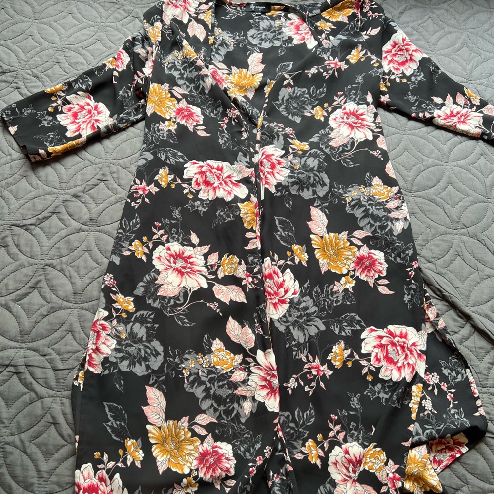 Floral Long Sleeve kimono/duster with Pink & Mustard Blooms size XL